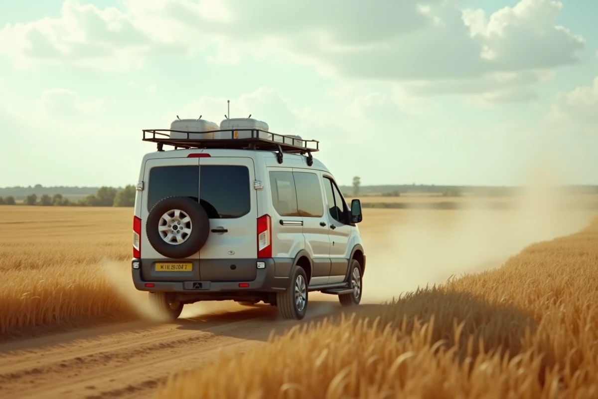 Van 4x4 camping-car abordable roulant sur piste en terre dans un paysage de champs dorés en pleine nature