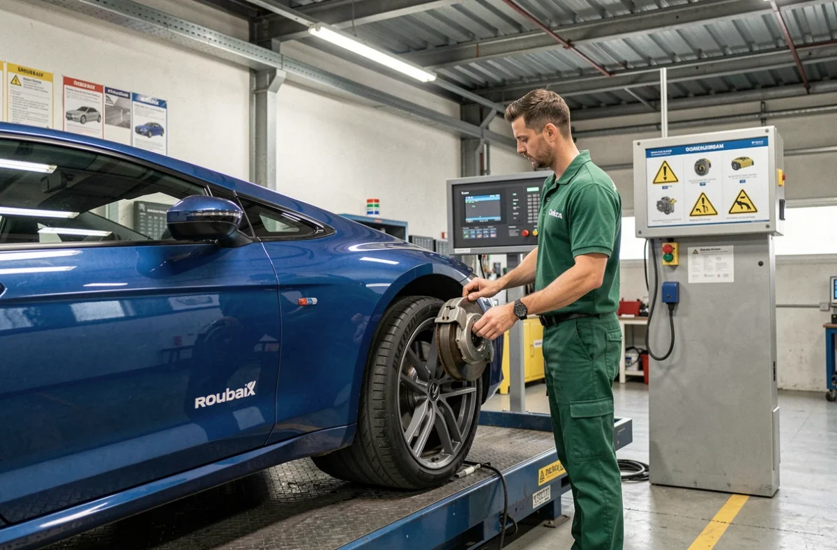 Technicien Dekra Roubaix effectuant un test de freinage sur une berline bleue avec un banc à rouleaux