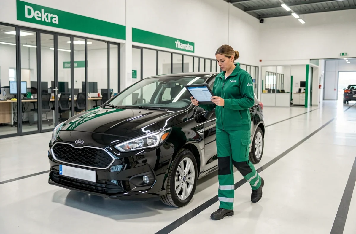 Technicienne Dekra Villeneuve-d'Ascq inspectant un véhicule compact noir dans un centre moderne avec tablette numérique