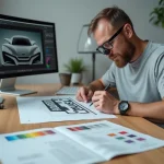 Designer graphique analysant un logo Hyundai imprimé avec une loupe dans un studio de création moderne