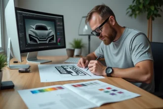 Designer graphique analysant un logo Hyundai imprimé avec une loupe dans un studio de création moderne