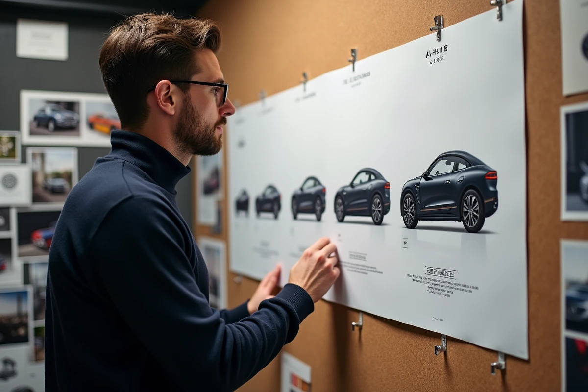 Designer automobile étudiant l'évolution historique du logo et de l'identité visuelle de la marque Alpine dans un studio créatif