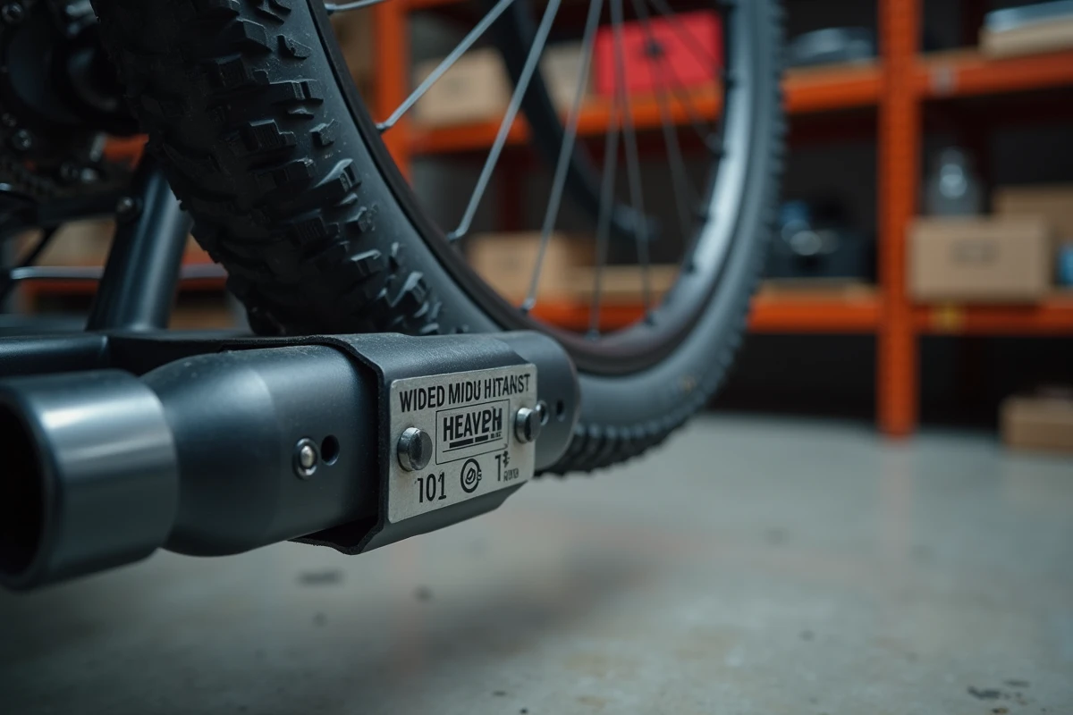 Détail du bras de fixation et de l'étiquette de capacité de charge d'un porte-vélo attelage robuste