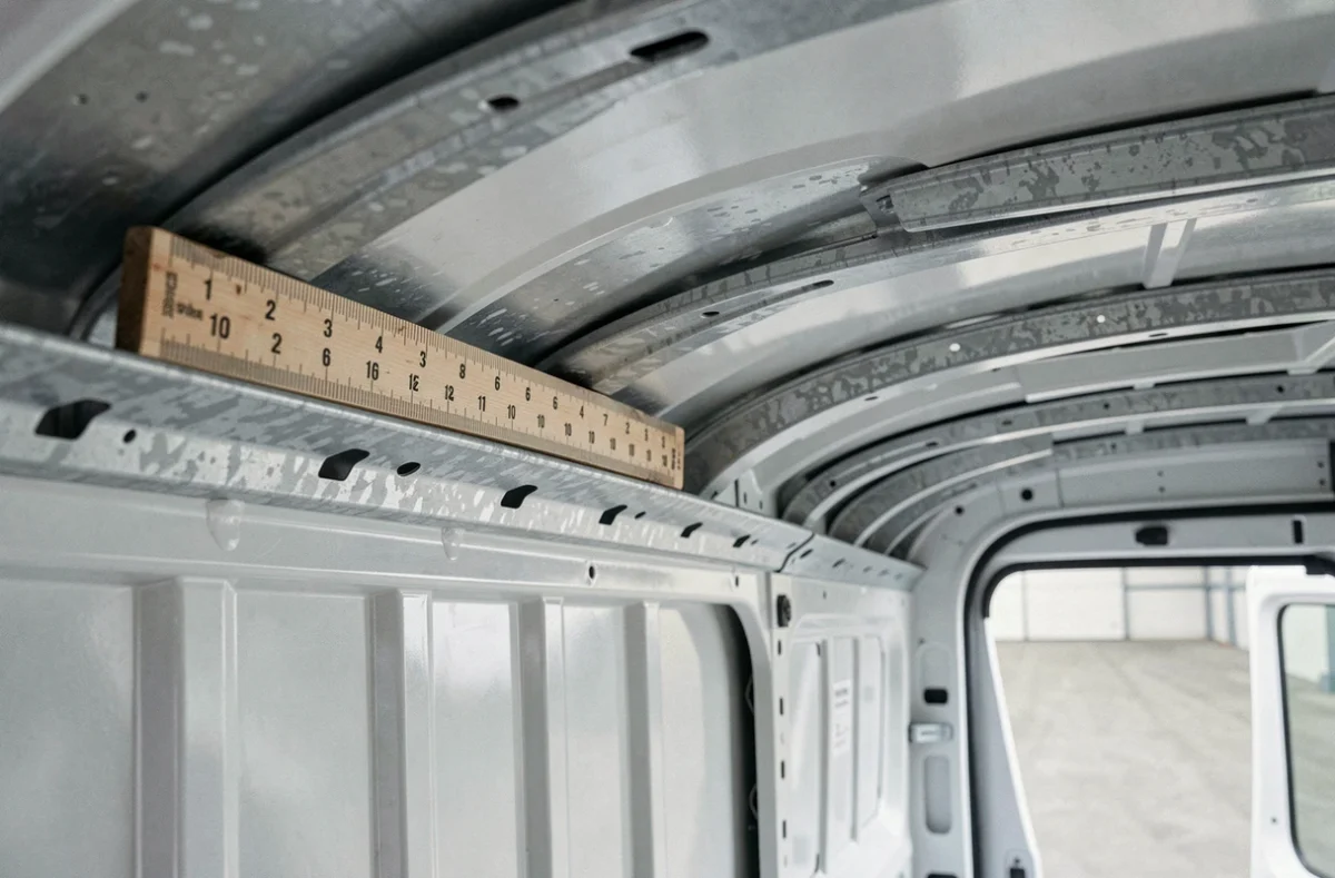 Détail de la hauteur sous plafond d'un Master L2H2 vide avec règle de charpentier contre la paroi métallique
