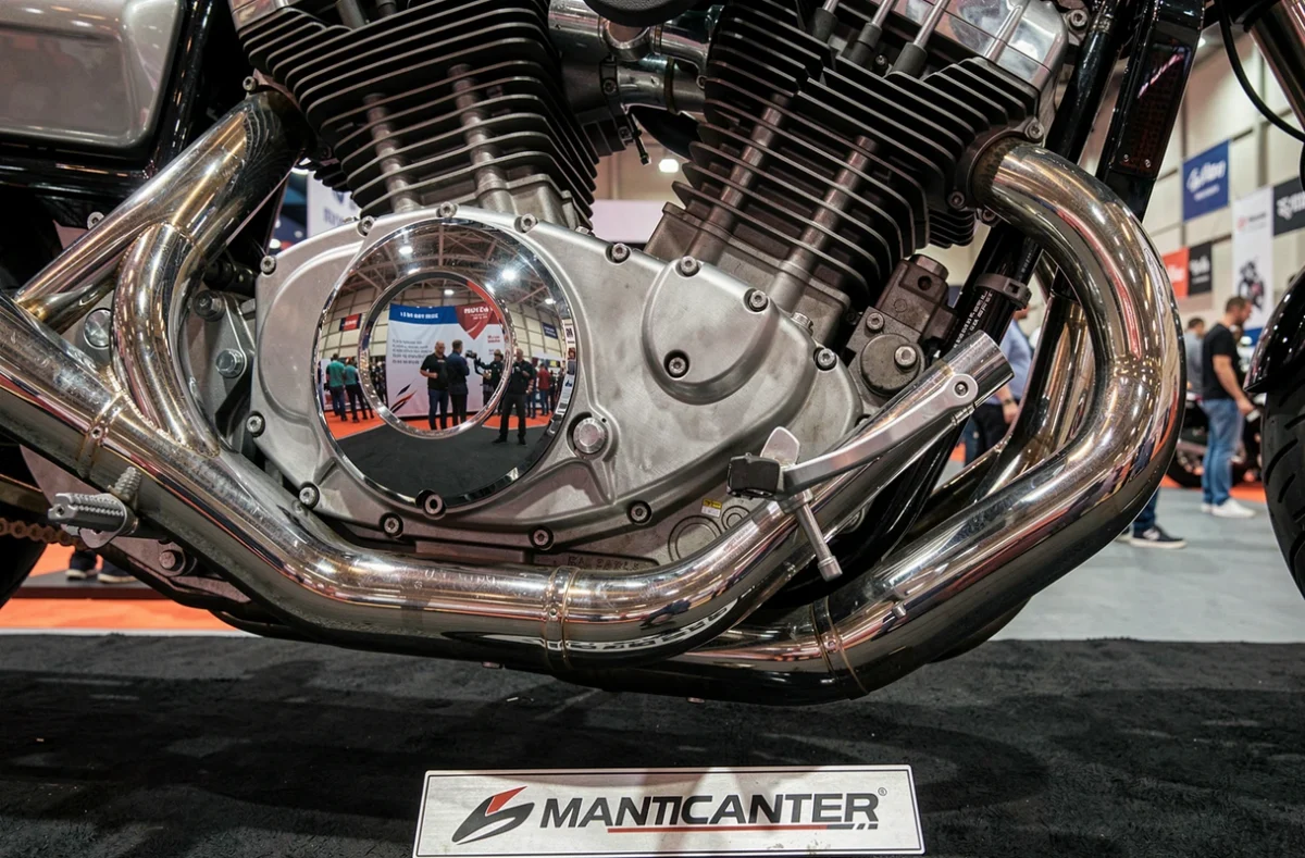 Gros plan sur le moteur chromé et les pipes d'échappement d'une moto haut de gamme présentée au salon de Lyon