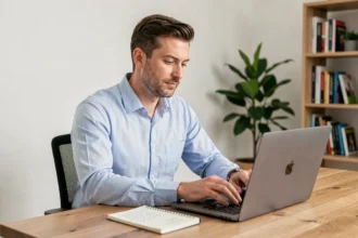 Homme comparant des devis d'assurance auto en ligne sur un ordinateur portable dans un bureau à domicile