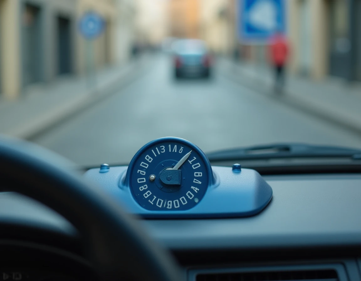 Disque de stationnement bleu posé sur le tableau de bord d'une voiture avec réglage de l'heure de départ