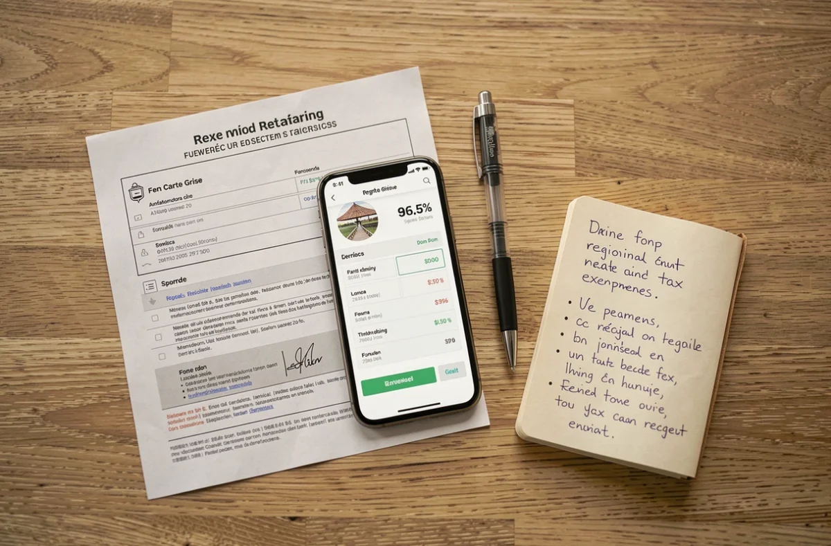 Vue de dessus des documents de carte grise et d'un smartphone affichant le calcul des exonérations régionales sur une table en bois
