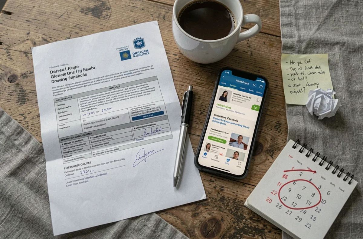 Documents et calendrier sur une table pour suivre les délais de résultats du permis de conduire en candidat libre