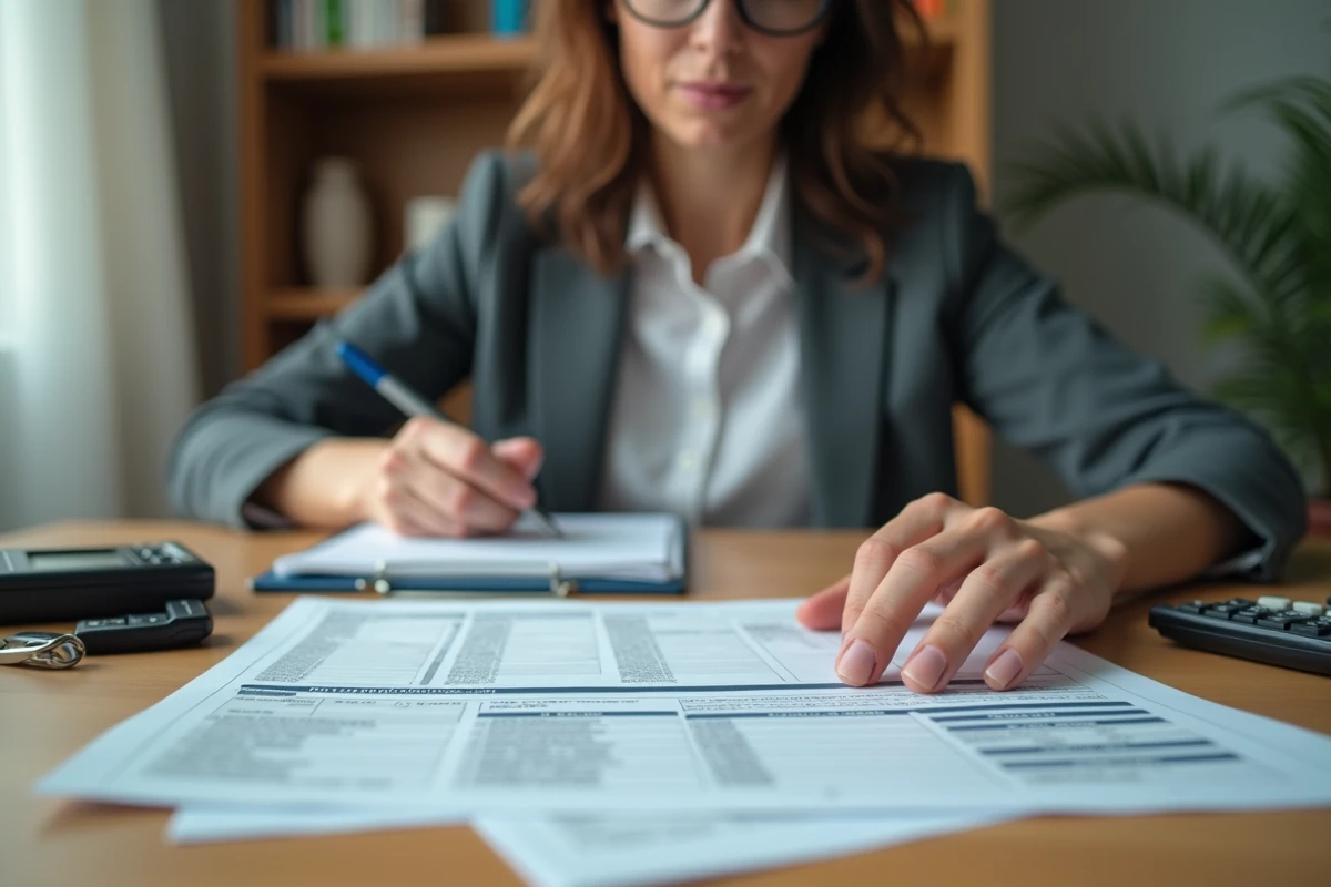 Femme examinant des documents de carte grise et de fiscalité automobile sur un bureau en bois, symbolisant le calcul des chevaux fiscaux