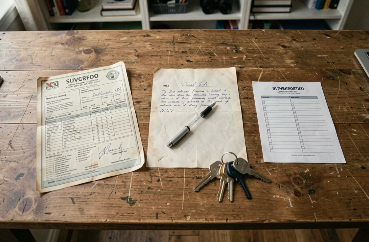 Documents administratifs pour la vente d'une moto sans contrôle technique posés sur un bureau en bois avec clés et stylo