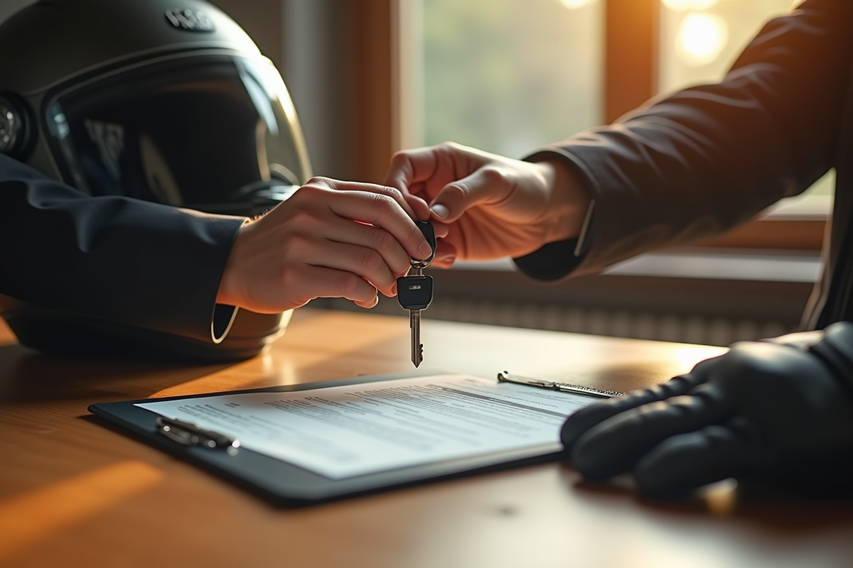 Main échangeant une clé de moto et un document sur une table en intérieur