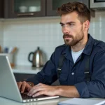 Électricien en tenue de travail examinant un ordinateur portable dans une cuisine