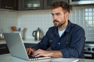 Électricien en tenue de travail examinant un ordinateur portable dans une cuisine