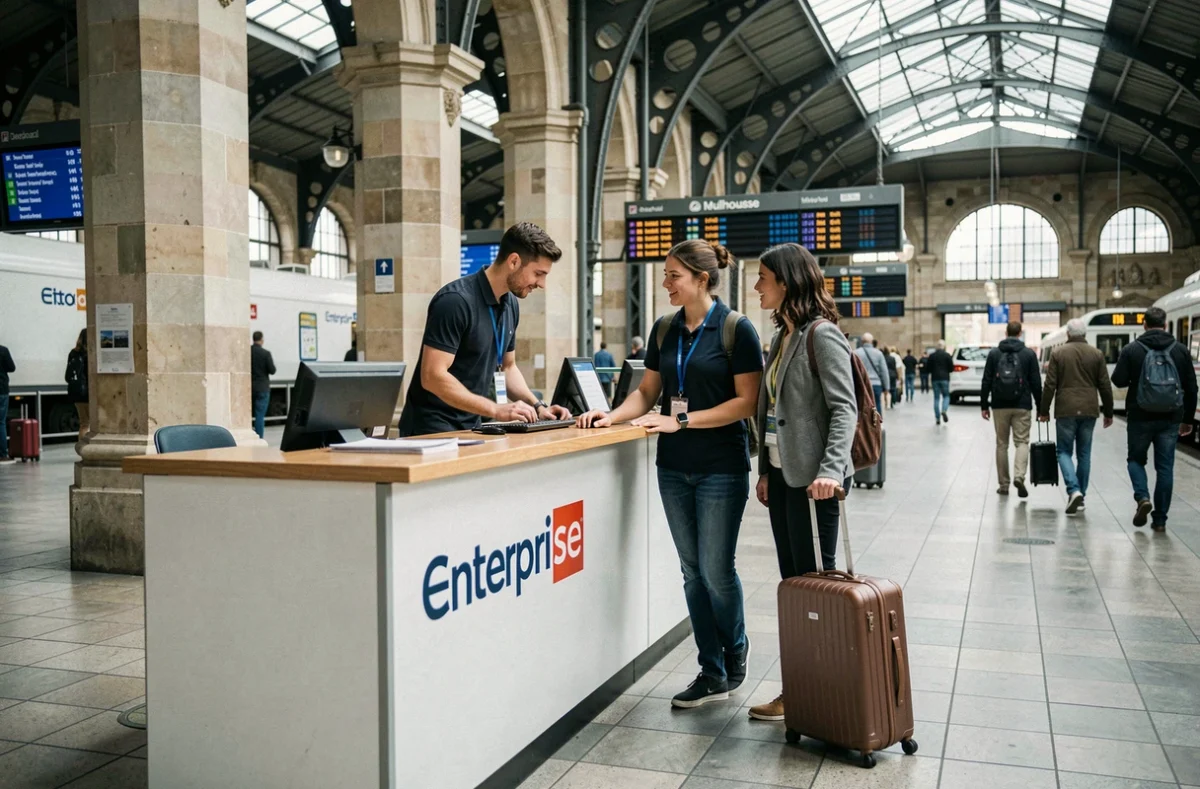 Agent Enterprise aidant une voyageuse avec sa valise au comptoir de location voiture de la gare de Mulhouse