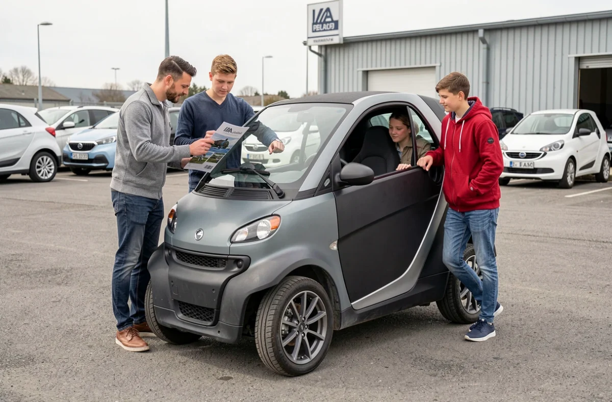 Famille de quatre personnes comparant des voitures sans permis 4 places dans un espace de vente en plein air