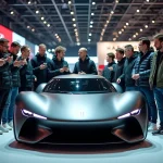 Fans de sport automobile autour d'une voiture concept futuriste à Paris 2026