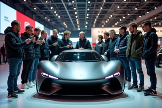 Fans de sport automobile autour d'une voiture concept futuriste à Paris 2026
