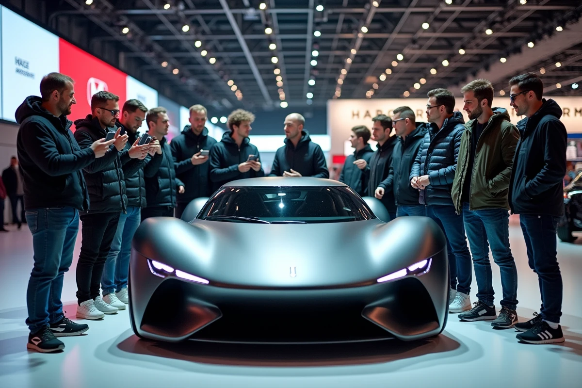 Fans de sport automobile autour d'une voiture concept futuriste à Paris 2026