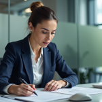 Femme d affaires en costume bleu examine des documents d assurance