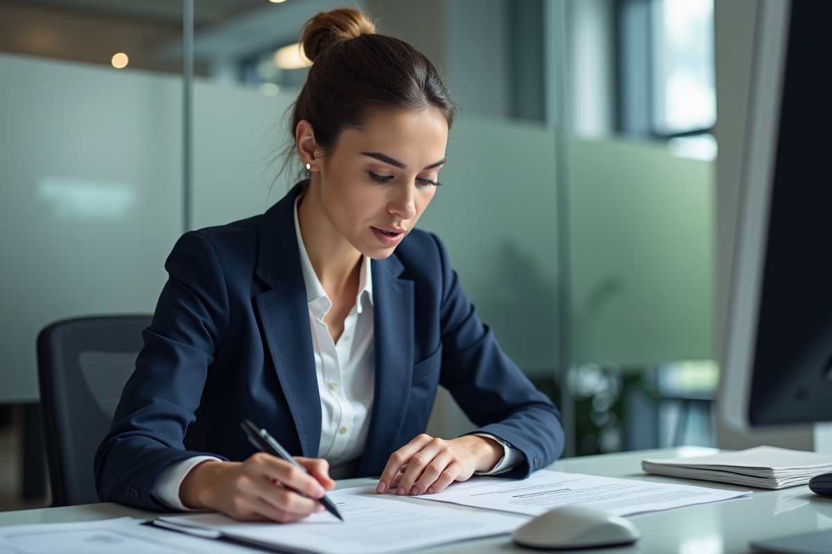 Femme d affaires en costume bleu examine des documents d assurance