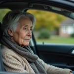 Femme âgée dans une voiture regardant par la fenêtre