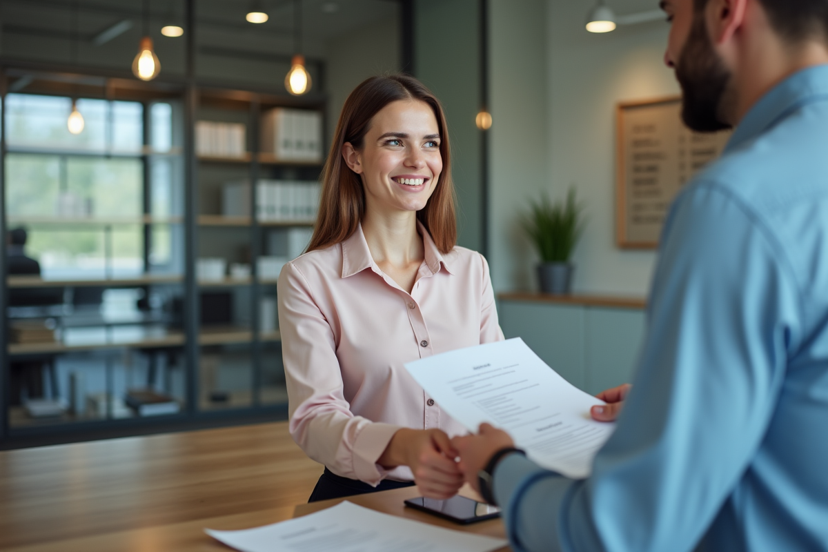Femme souriante remet des documents dans une agence d