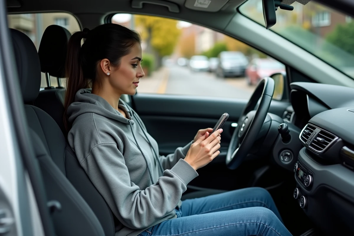 Femme consultant une application de diagnostic automobile sur smartphone pour trouver le code d'authentification de sa Clio 4