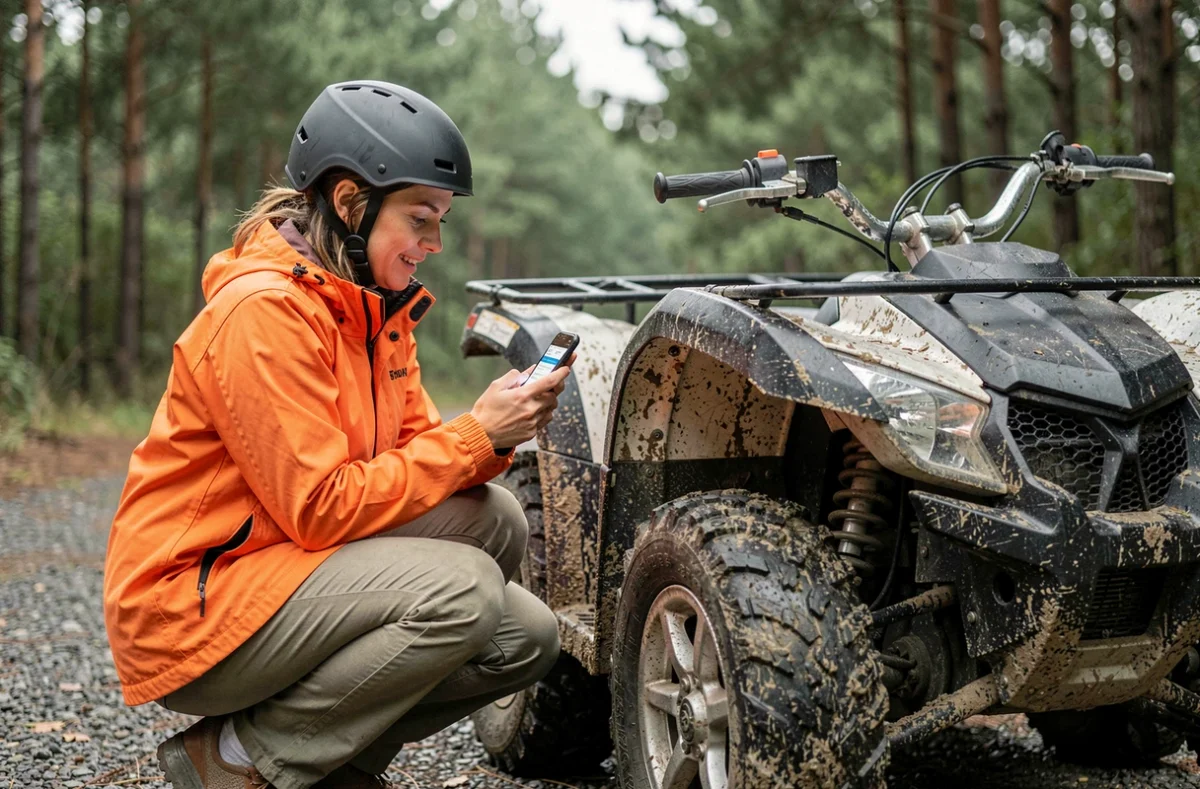 Femme en équipement quad consultant son smartphone pour souscrire une assurance en ligne près de son quad