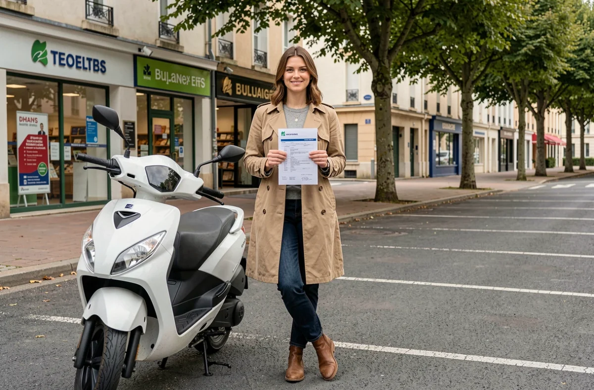 Femme souriante tenant un contrat d'assurance scooter tout risque devant son scooter blanc en ville