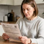 Femme consultant son attestation d'assurance auto à la maison