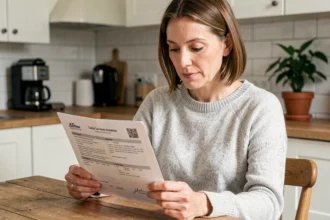 Femme consultant son attestation d'assurance auto à la maison