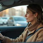 Femme d'âge moyen attachant sa ceinture dans une voiture moderne