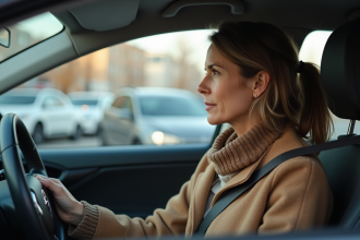 Femme d'âge moyen attachant sa ceinture dans une voiture moderne