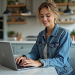 Femme en denim compare voitures sur son ordinateur