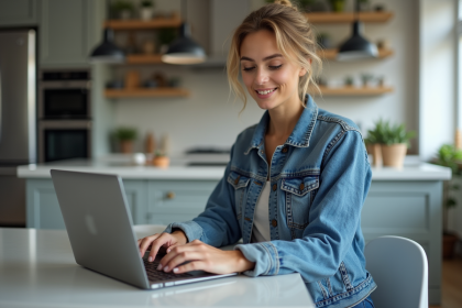 Femme en denim compare voitures sur son ordinateur
