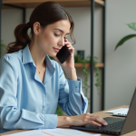Jeune femme au bureau utilisant smartphone et ordinateur