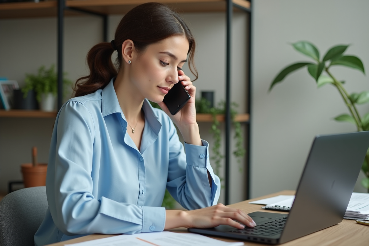 Jeune femme au bureau utilisant smartphone et ordinateur