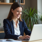 Femme au bureau moderne en blazer navy et chemise blanche