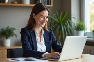 Femme au bureau moderne en blazer navy et chemise blanche