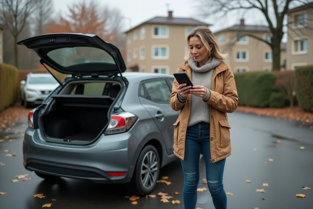 Femme consultant un calculateur de taille de pneu sur smartphone à côté de sa voiture en automne