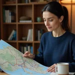 Femme consultant une carte des autoroutes françaises à son bureau avec un ordinateur portable
