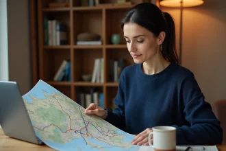 Femme consultant une carte des autoroutes françaises à son bureau avec un ordinateur portable