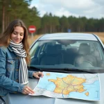 Jeune femme souriante avec carte de France en voyage
