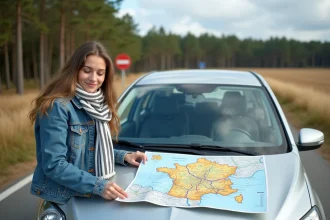 Jeune femme souriante avec carte de France en voyage
