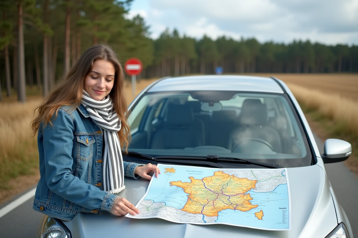 Jeune femme souriante avec carte de France en voyage