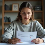 Femme examinant une carte grise avec une erreur d'orthographe sur son nom, assise à un bureau à domicile