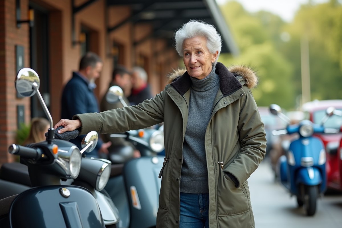 Femme inspectant un scooter classique en concession