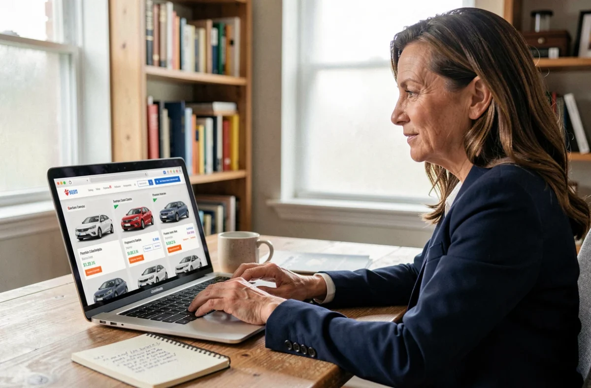 Femme consultant un comparateur d'assurance auto en ligne selon le modèle de voiture