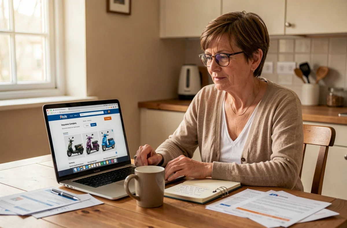 Femme compare des offres d'assurance pour scooter trois roues sur ordinateur portable à domicile